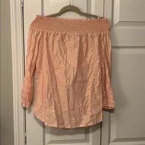 Michael Kora off the Shoulder Orange and White Top